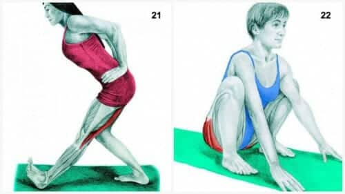 stretchövningar: Enbens framåtlutande böjning och Djup knäböj