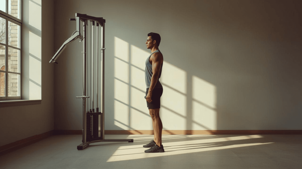 Person vid kabelmaskin i ljust gym redo att utföra pallof press