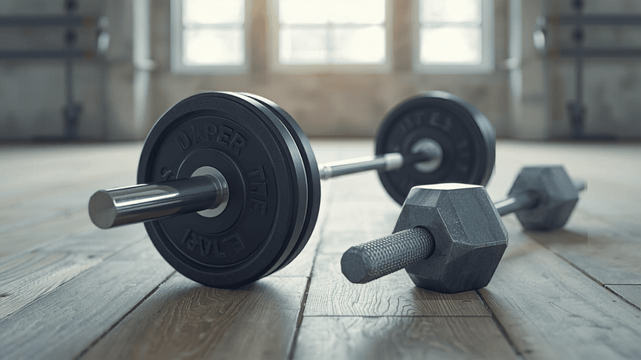 Skivstång med viktskivor och en sexkantig trap bar på golvet i ett ljust gym