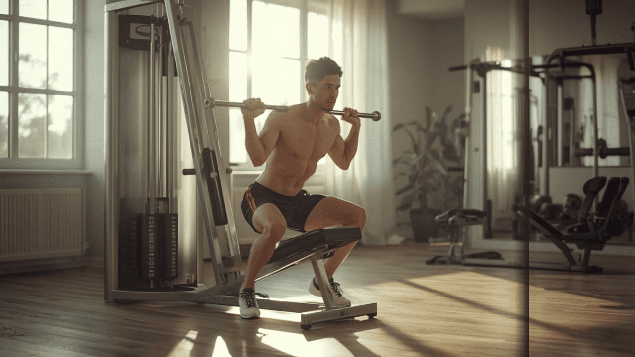 Person tränar framsida lår i en hack squat-maskin i ett ljust gym
