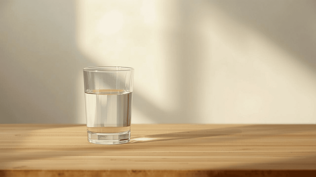 Glas vatten och hälsosam måltid i mjukt dagsljus – balans mellan alkohol och träningsresultat