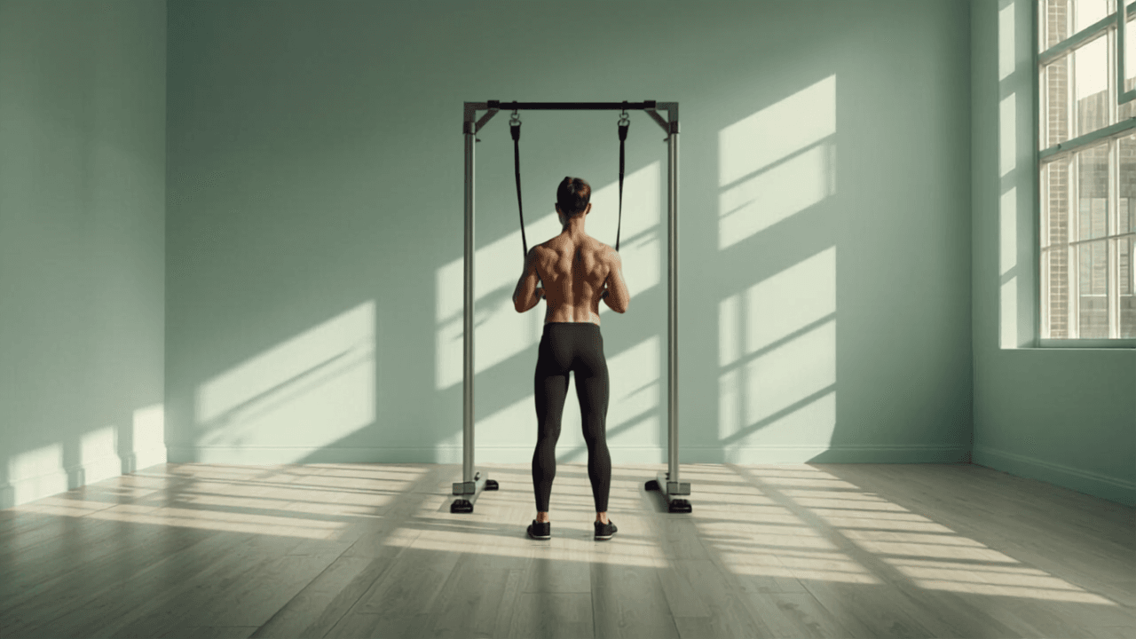 Person står vänd bort från kabelmaskinen i ett ljust gym redo för cable pull through