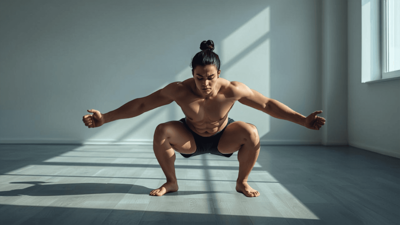 Person utför sumo squat med bred fotställning och tårna utåt i ljus gymmiljö