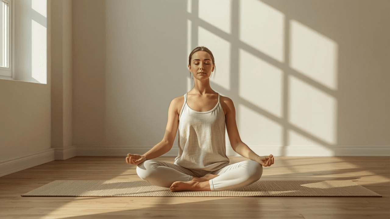 Kvinna gör lugn yoga en lugnare dag i cykeln – pragmatisk anpassning Lugn meditation och återhämtning – Må Bättre-programmet online