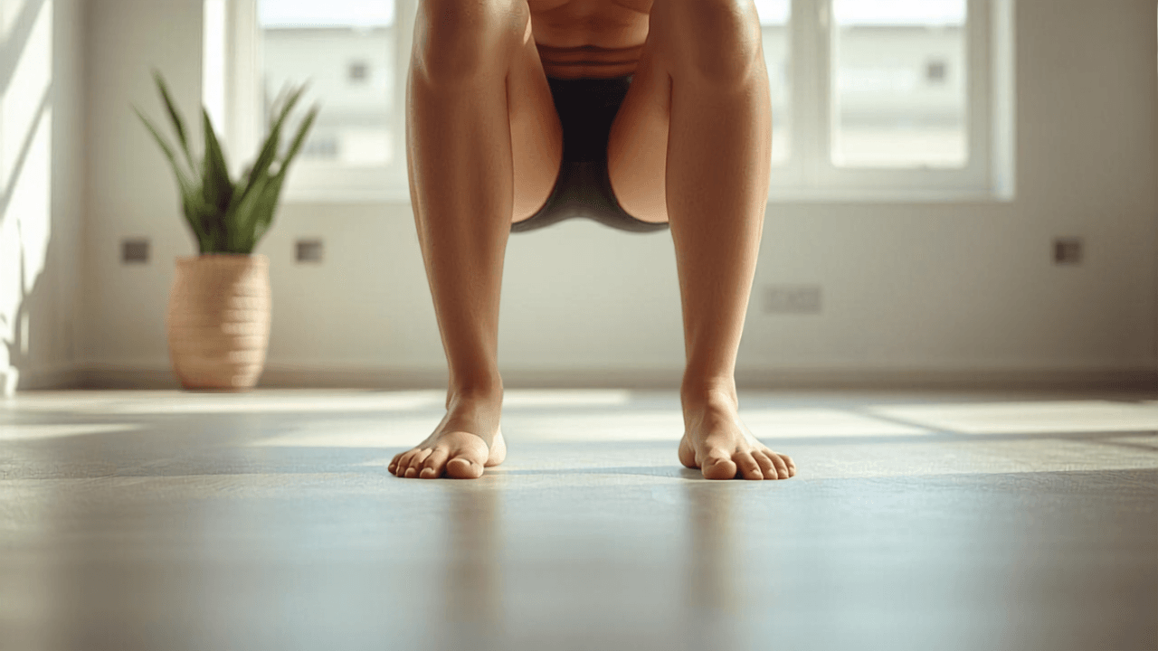 Närbild på bred fotställning i sumo squat