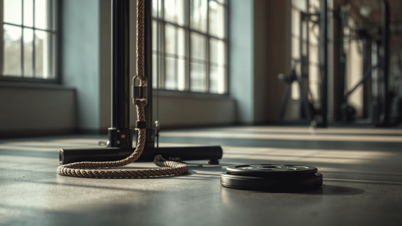 Låg kabelstation med rep och viktskiva på golvet i ett ljust gym för rumpträning