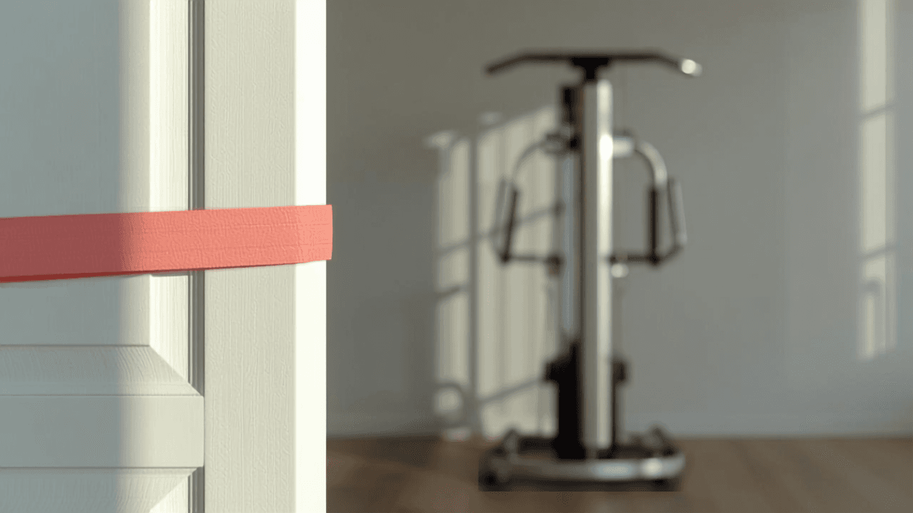 Träningsgummiband fäst i dörr med kabelmaskin i bakgrunden