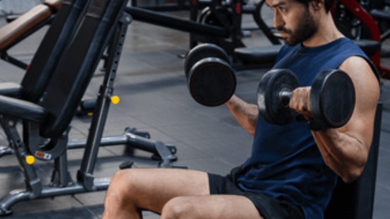 Man gör sittande hantelcurl på bänk i gym