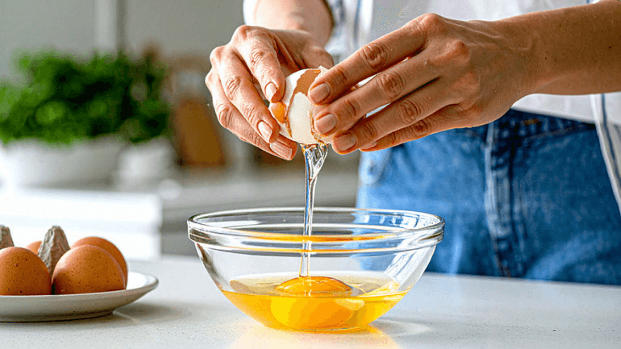 Händer knäcker ägg i glasskål
