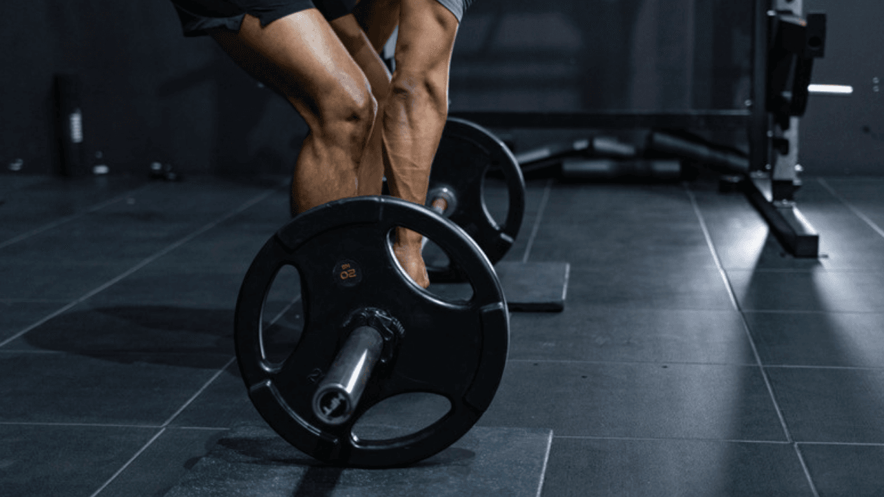 Närbild på ben och skivstång under tung benträning på gym